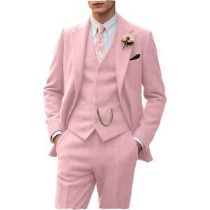 Men's Pink 3 Piece Slim Fit Herringbone Suit Groom Tuxedo Wedding Set